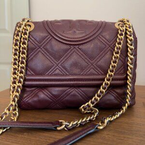 Tory Burch Burgundy Maroon Quilted Fleming Convertible Bag 100% Genuine Leather